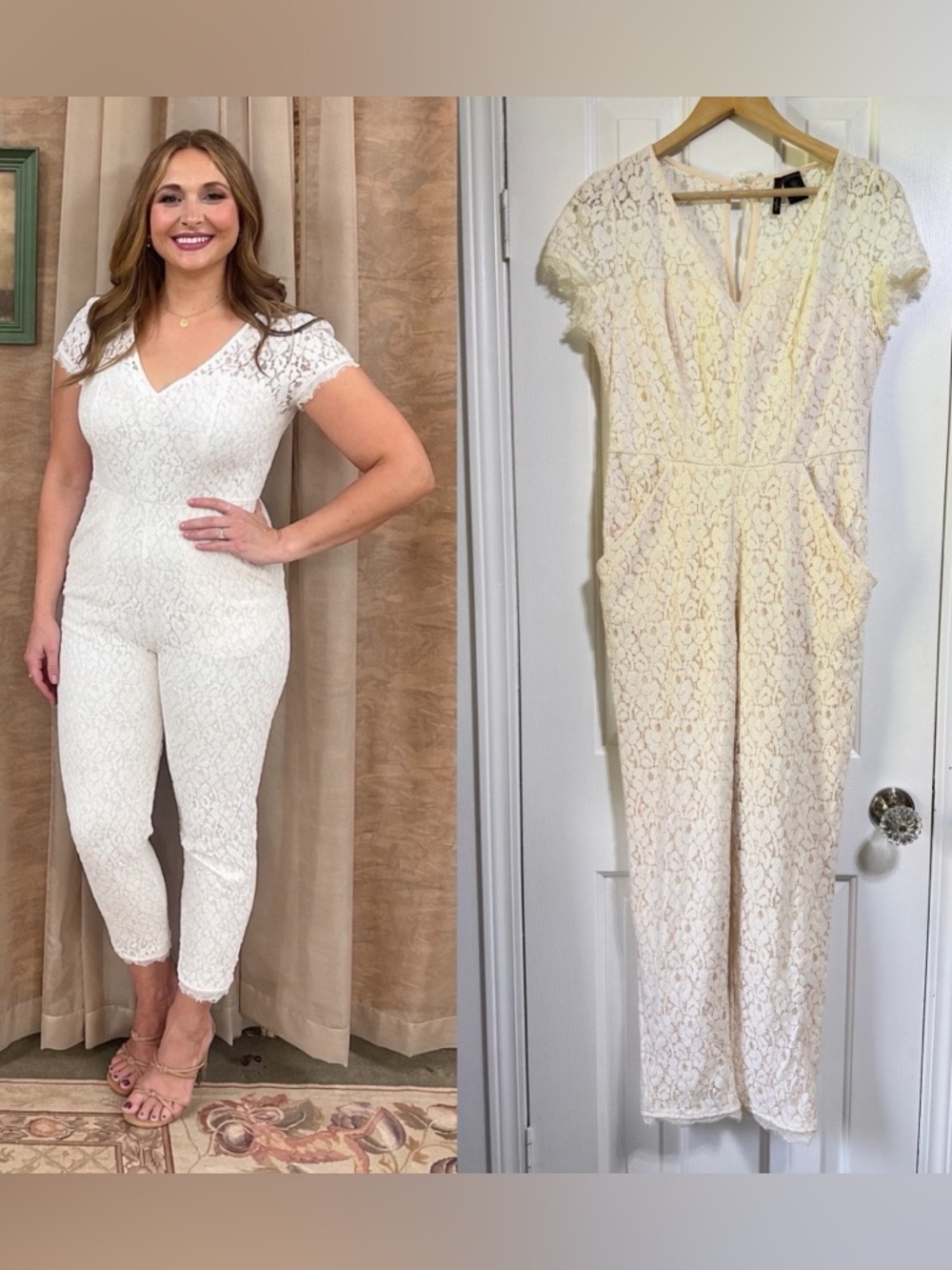 Fire Los Angeles Cream Lace Jumpsuit Womens Size large Soft Lined Pockets